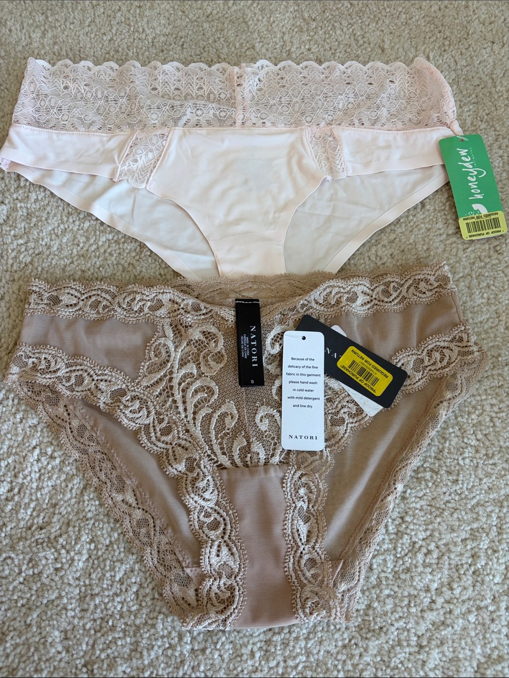 Natori Lace Bikini Panties in Blush Pink and Taupe